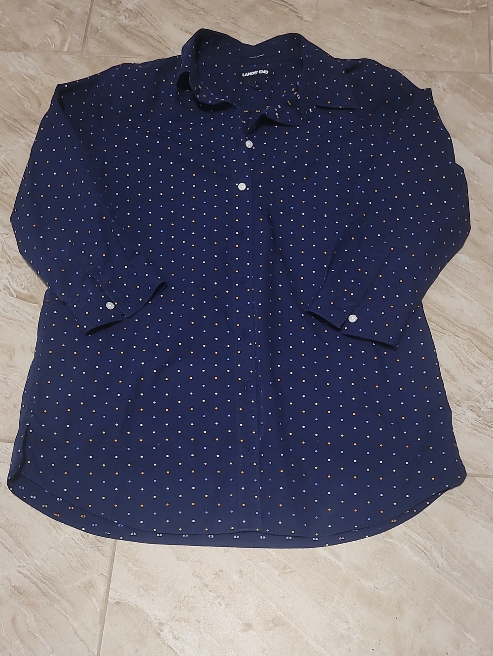 Lands' End Navy Blue Polka Dot Button-Up Tunic